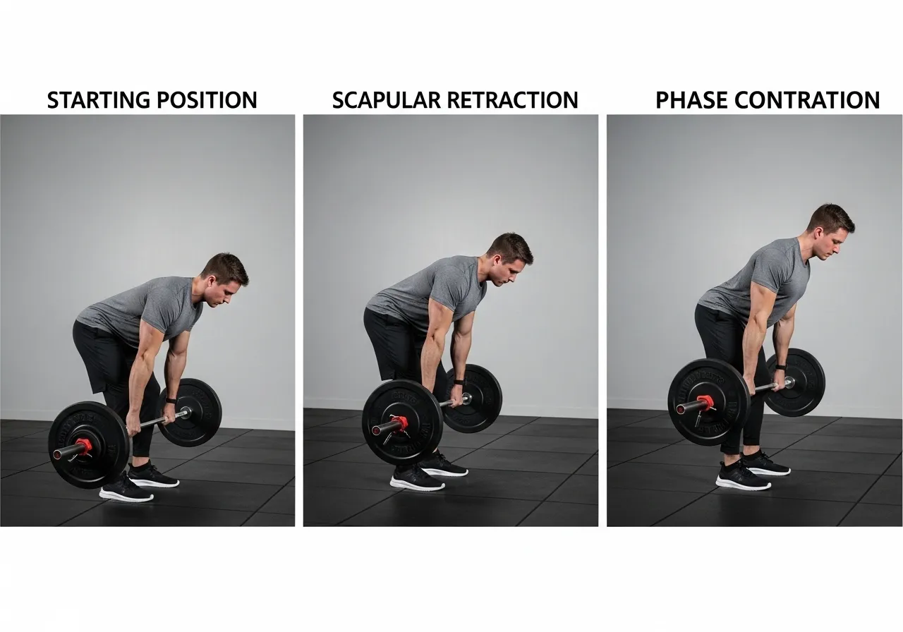 barbell row execution pull sequence elbow drive full contraction range of motion