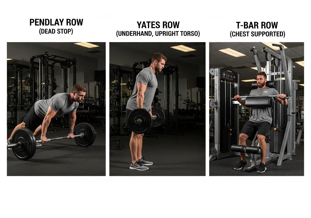 barbell row variations Pendlay row Yates row T-bar row comparison