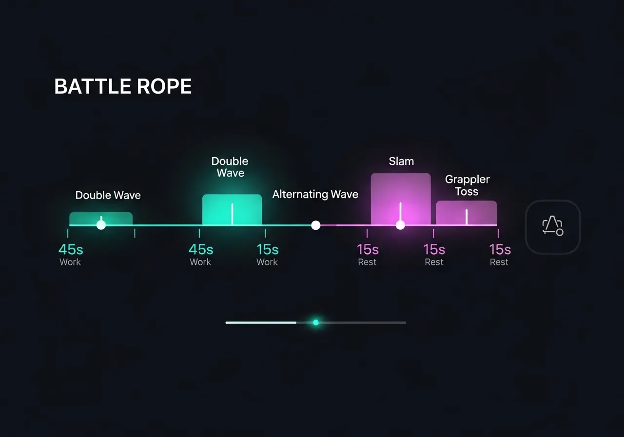 battle rope HIIT workout structure diagram, intervals and rest periods visualized as timeline, modern fitness app design style, dark background neon accents