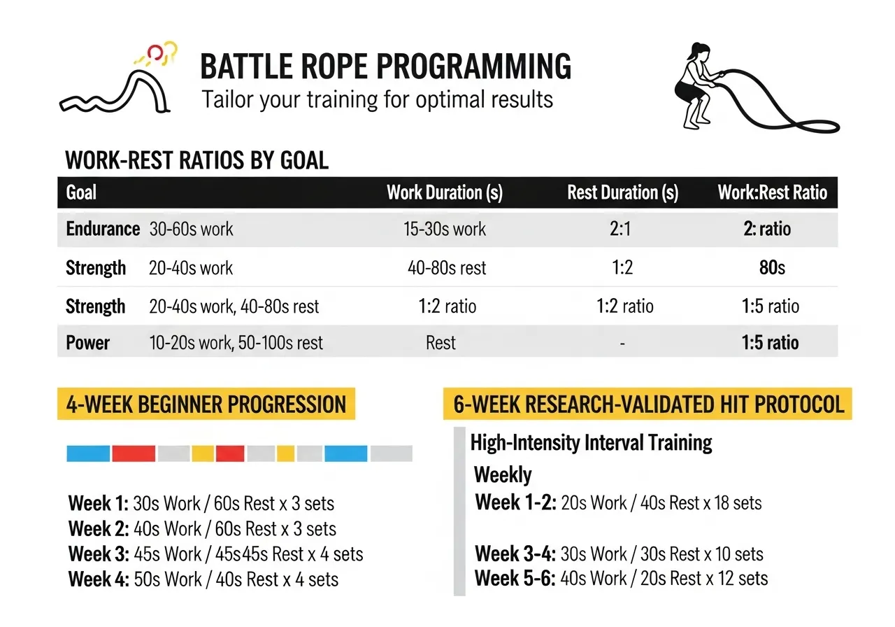 battle rope programming work rest ratios beginner 4 week progression HIIT protocol