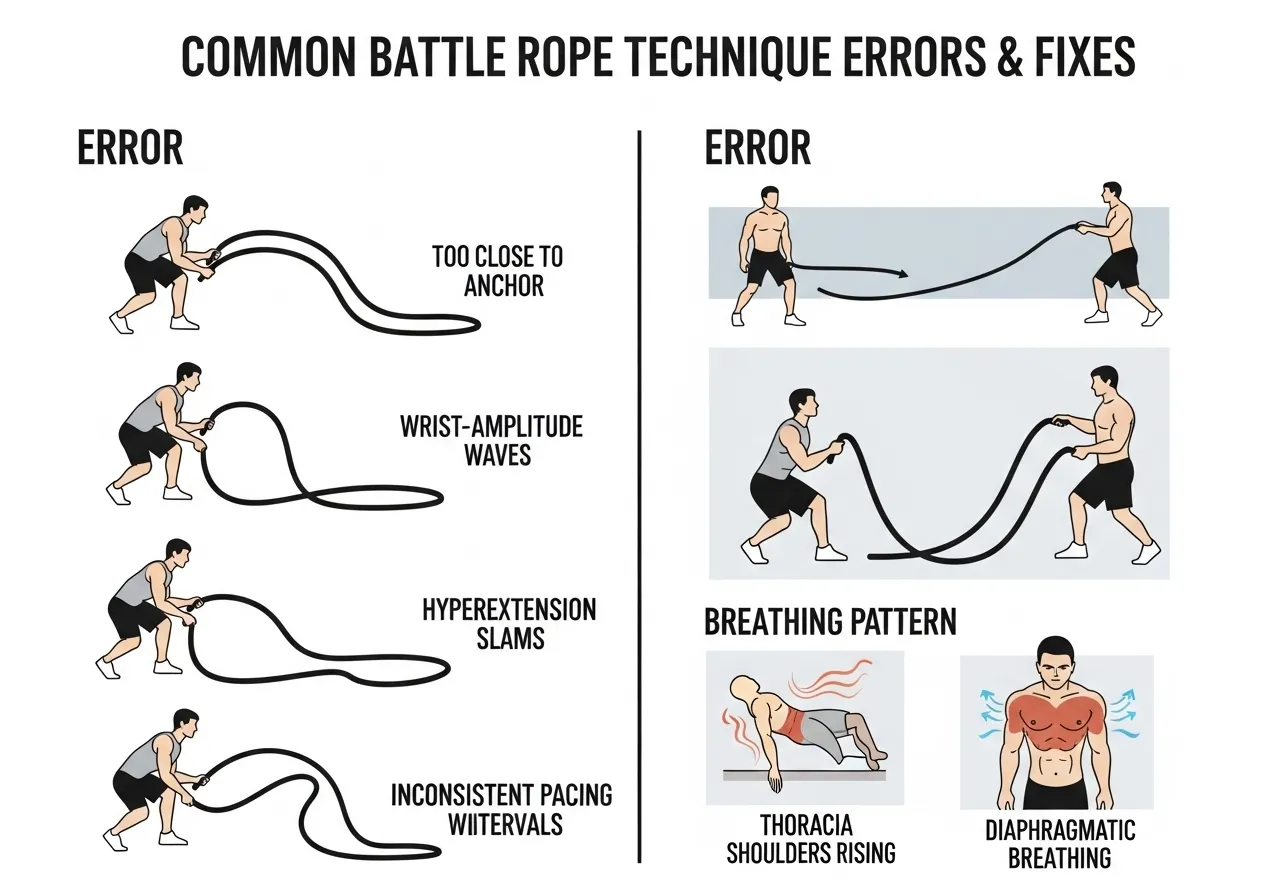 battle rope technique five errors anchor distance wrist dominant amplitude hyperextension pacing breathing