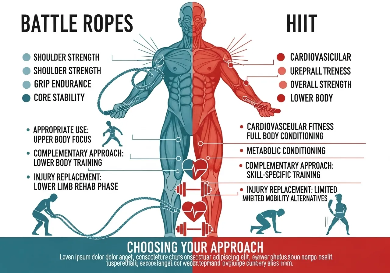 battle ropes vs running HIIT vs cycling comparison upper body lower body when to use complementary approach injury