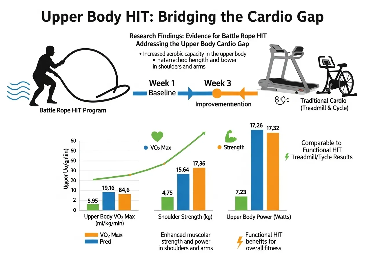 battle ropes vs traditional HIIT upper body VO2max 3 weeks comparable treadmill cycle energy expenditure upper body gap