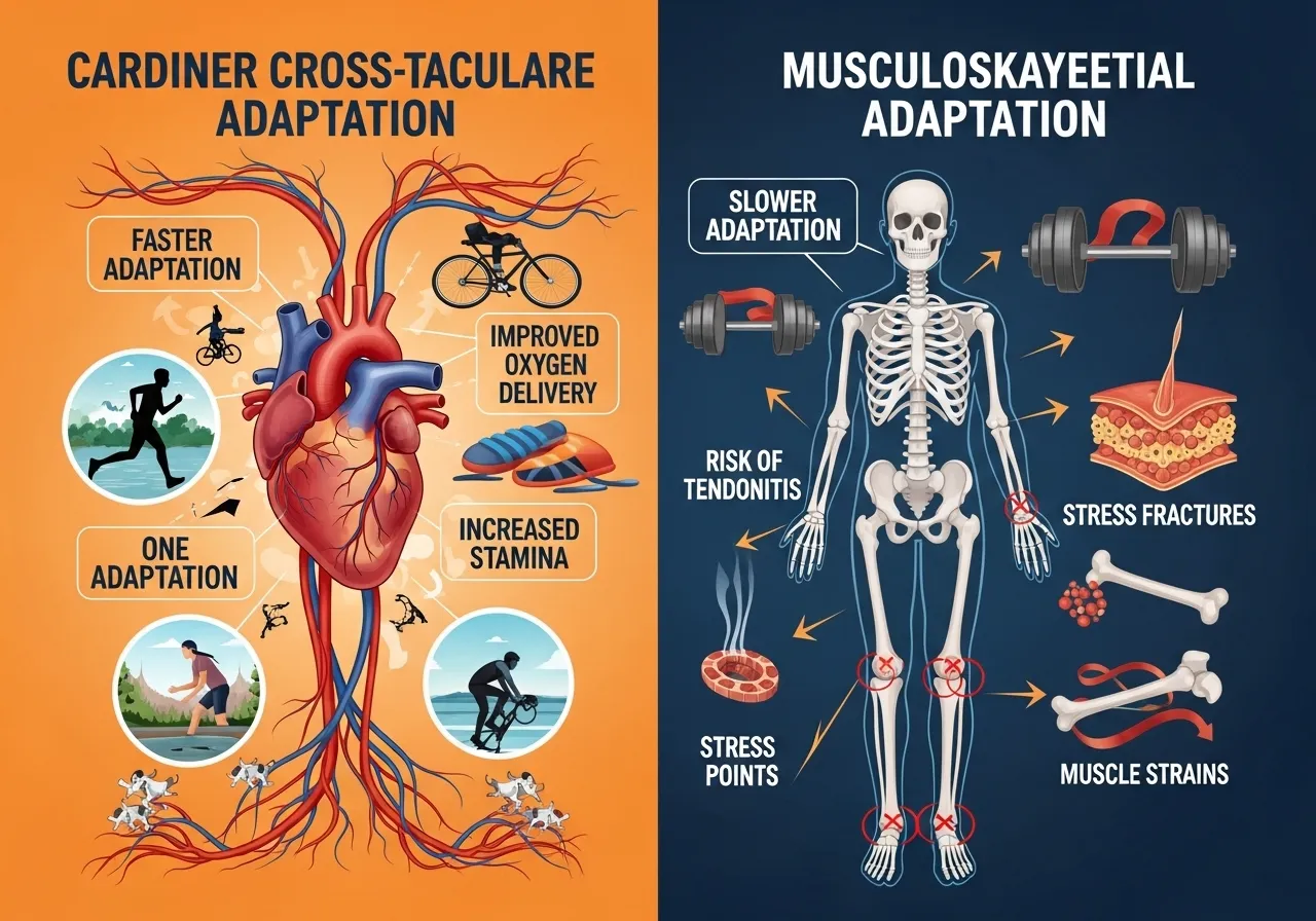 beginner cross-training overuse injury risk cardiovascular vs musculoskeletal adaptation mismatch structure