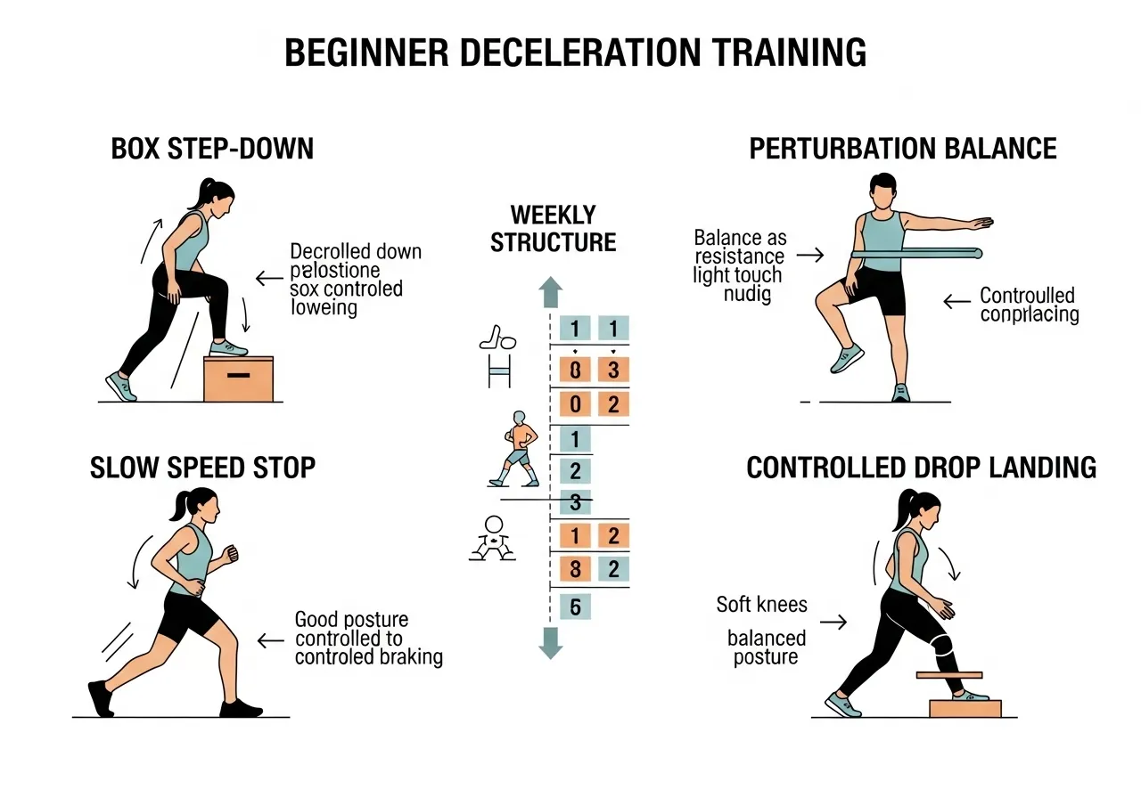 beginner deceleration training four exercises box step-down perturbation balance slow speed stop controlled drop landing weekly structure