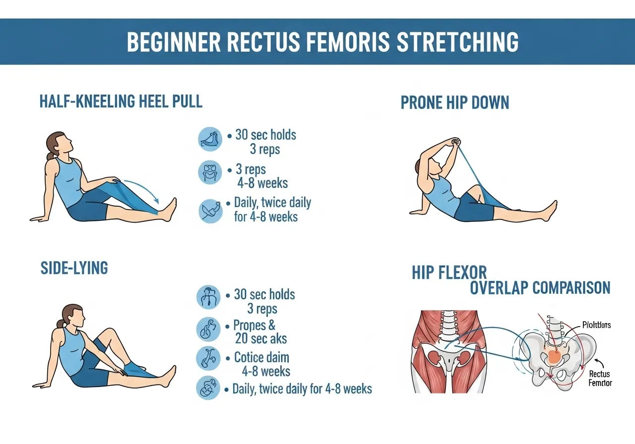 beginner rectus femoris stretching half-kneeling prone side-lying technique key points frequency protocol hip flexor comparison