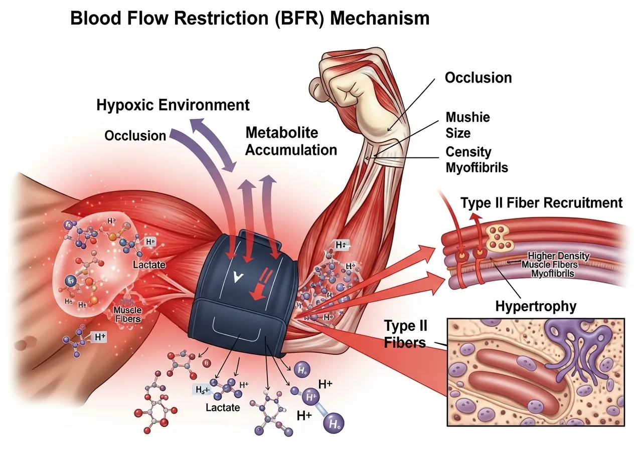 BFR blood flow restriction mechanism hypoxic environment metabolite accumulation type II fibre recruitment hypertrophy