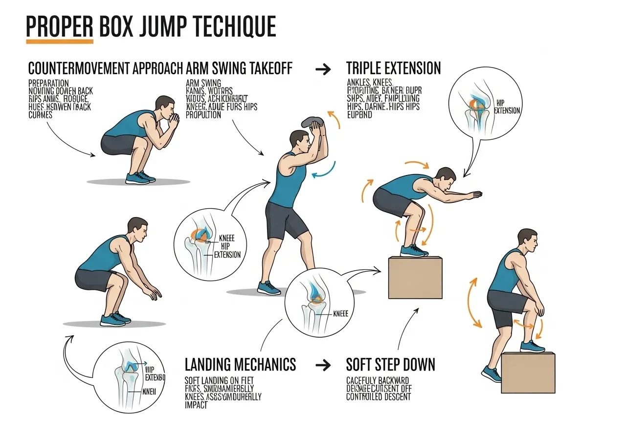box jump technique countermovement approach arm swing takeoff triple extension landing mechanics soft landing