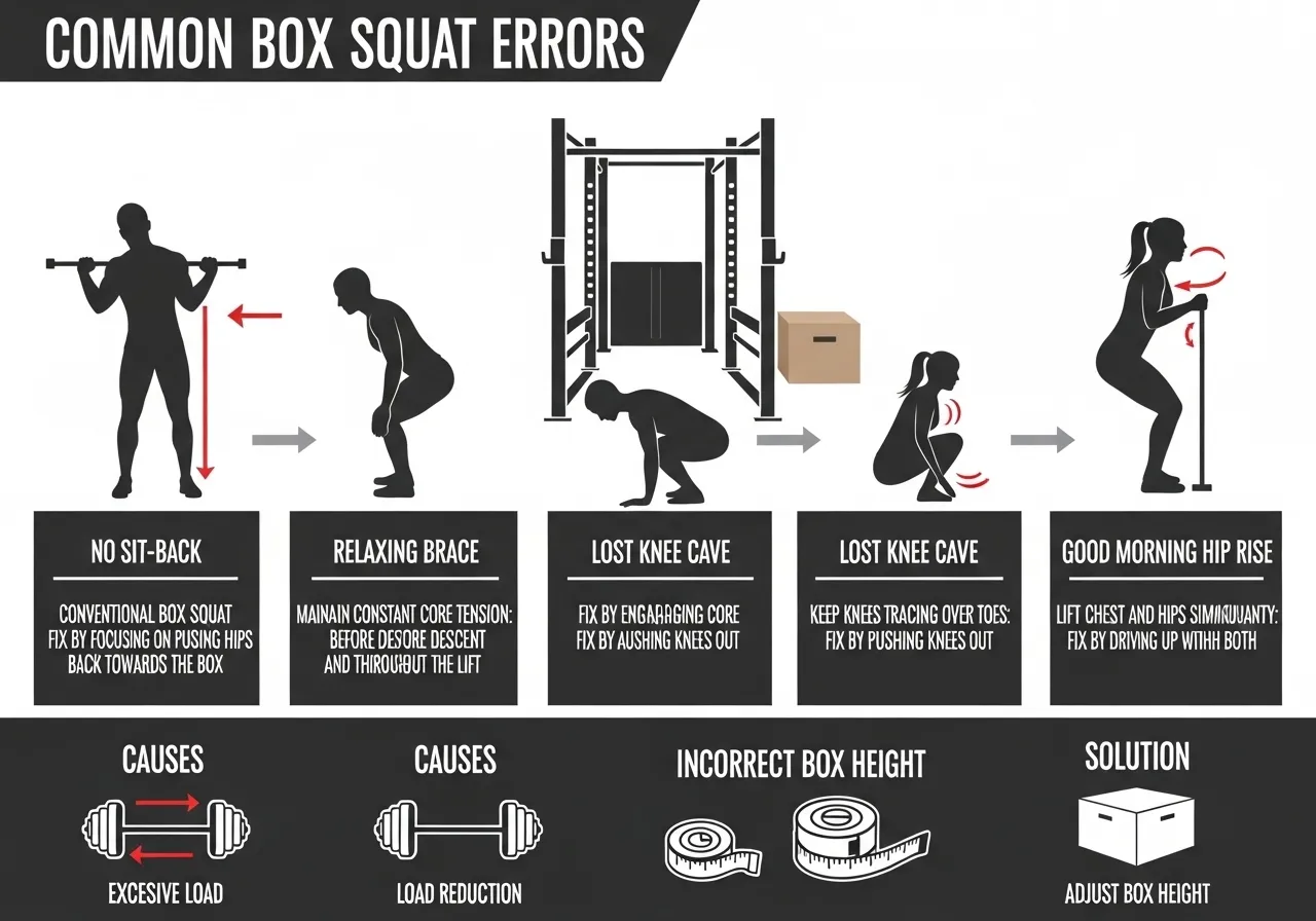 box squat four errors no sit-back relax on box knee cave good morning rise box height adjustment technique
