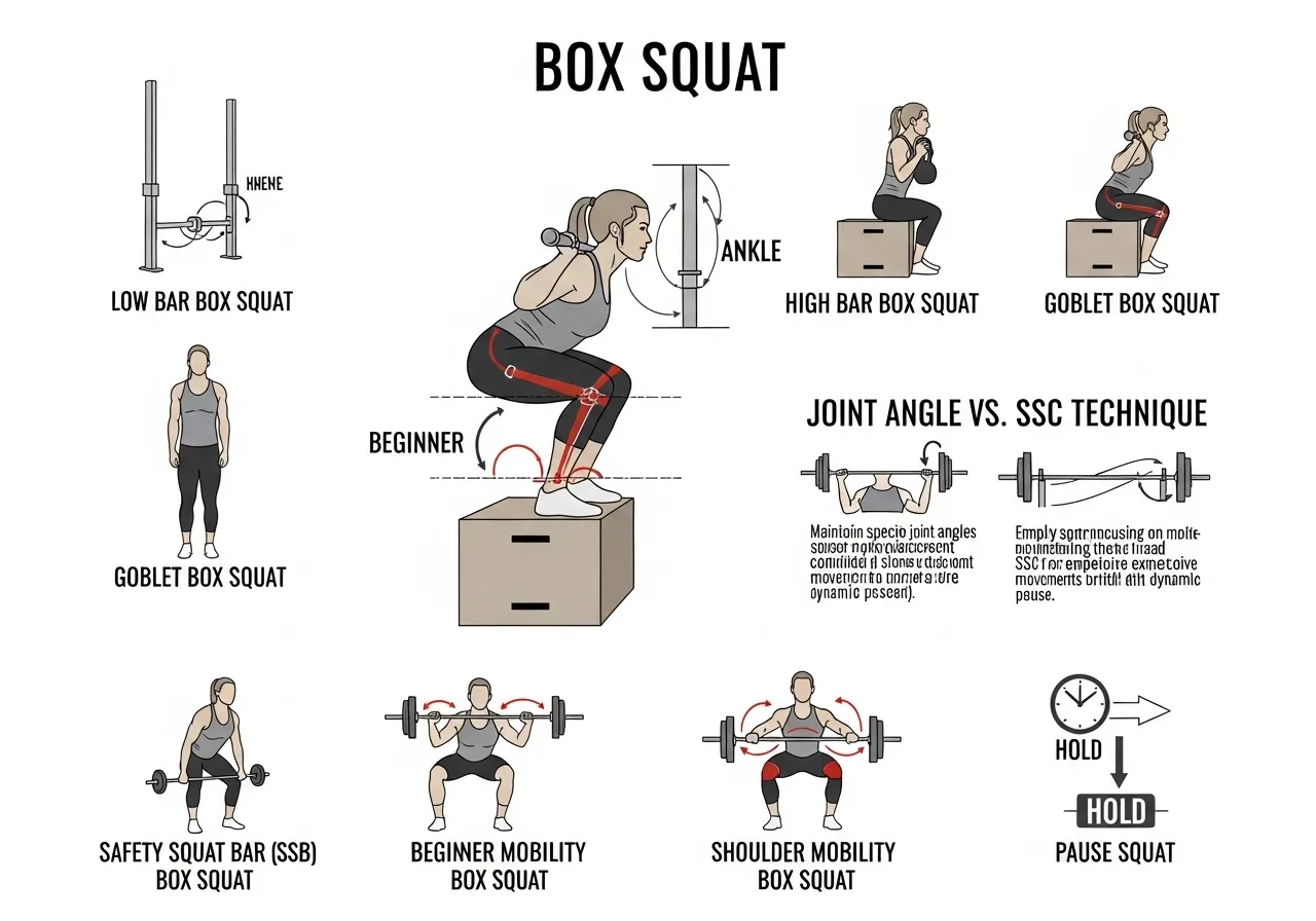box squat four variations low bar high bar goblet safety bar pause squat difference specific applications