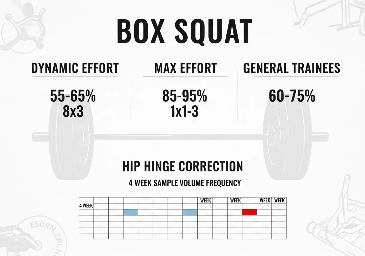 box squat programming powerlifting dynamic max effort general trainees hip hinge integration sticking point sample programme load