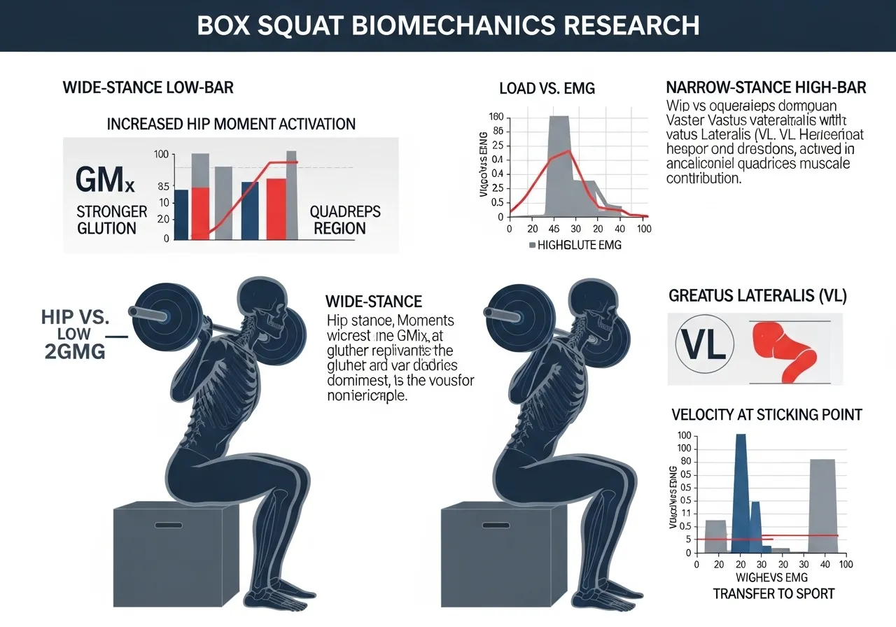 box squat research stance width hip knee moment contribution quad vs glute activation load velocity EMG sticking region