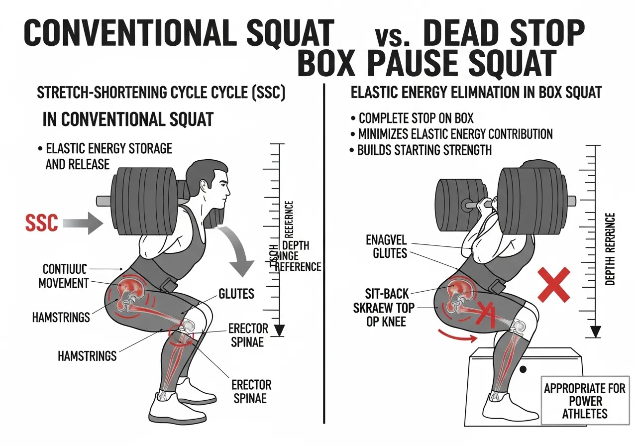 box squat stretch reflex elimination SSC pause mechanics posterior chain sit-back hip hinge depth reference who benefits