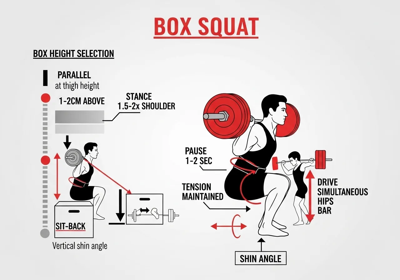 box squat technique box height stance width sit-back descent pause contact drive simultaneous hip leg error safety