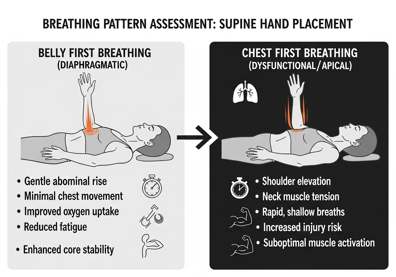 breathing assessment guide showing supine hand placement belly versus chest breathing dysfunction chest breathers signs training performance effects