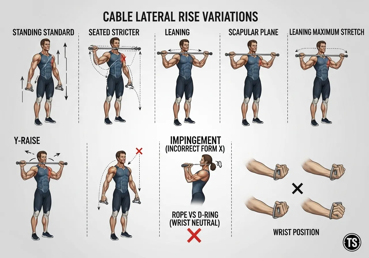cable lateral raise four variations standing seated leaning Y-raise scapular rope vs D-ring when each variation appropriate