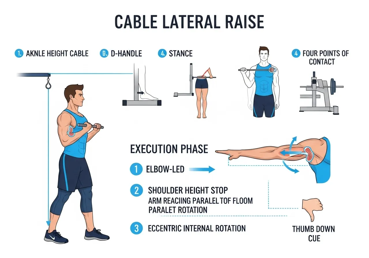 cable lateral raise technique setup ankle height cable D-handle stance execution internal rotation thumb down