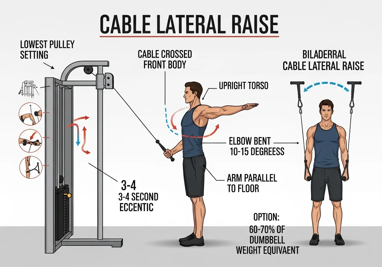 cable lateral raise technique setup pulley height crossed cable abduction eccentric 3-4 seconds load selection bilateral option