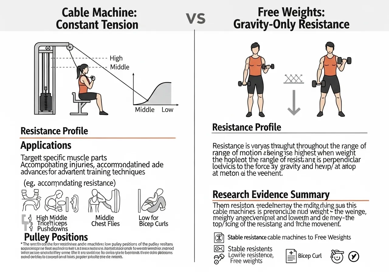 cable machine vs free weights constant tension mechanics pulley positions research