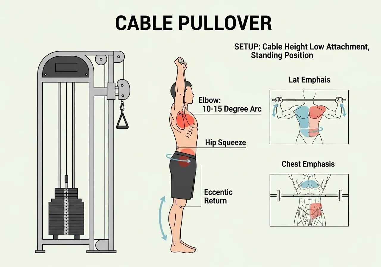 cable pullover technique setup cable height standing position elbow angle execution lat chest emphasis cues