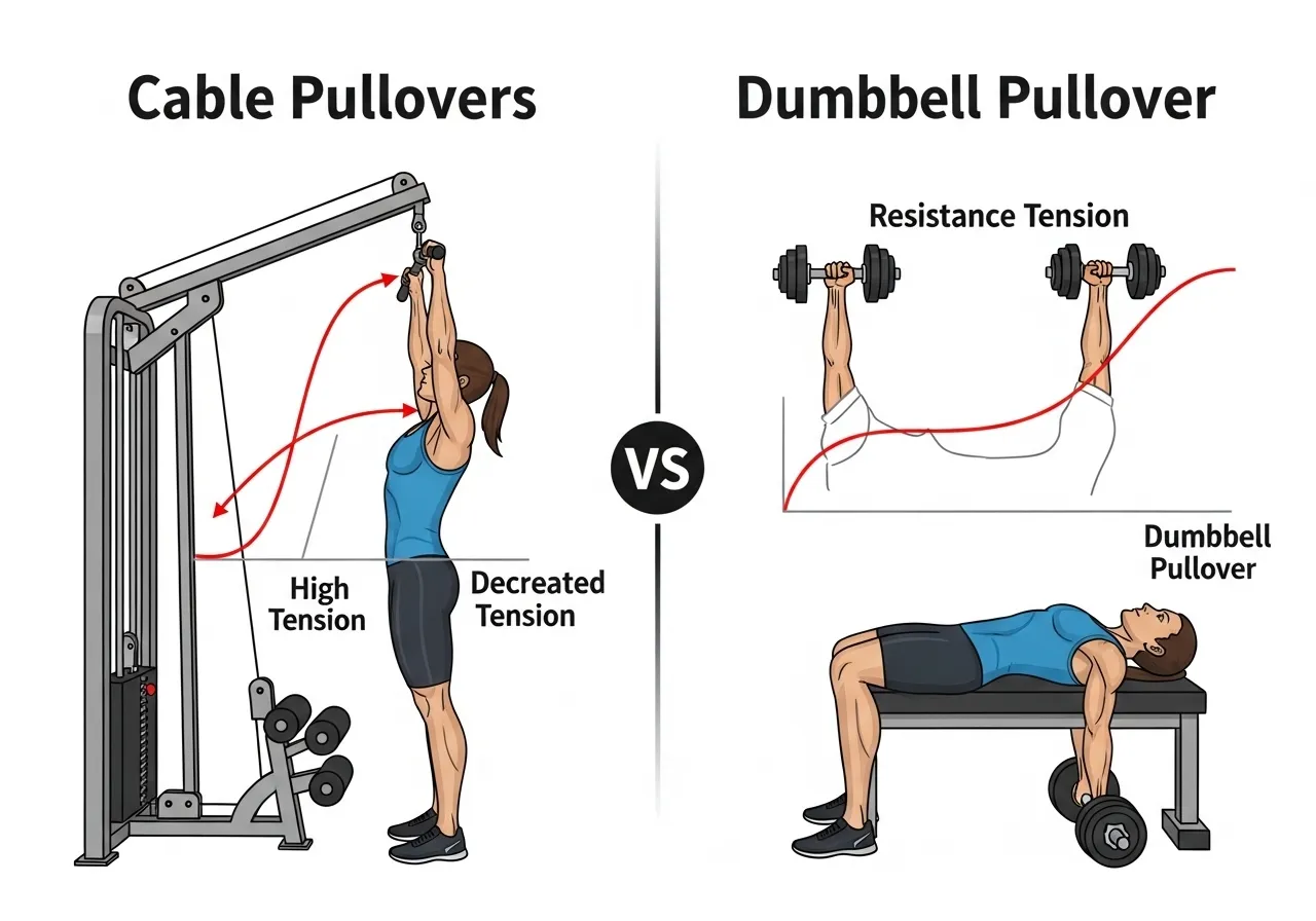 cable pullover vs dumbbell pullover resistance curve overhead contracted position constant tension comparison table