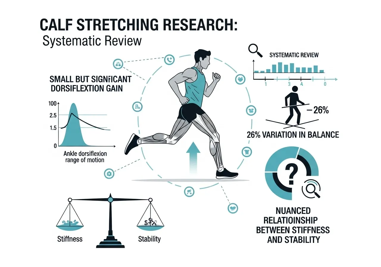 calf stretching research dorsiflexion ROM systematic review runner tightness 26 percent variation balance stability
