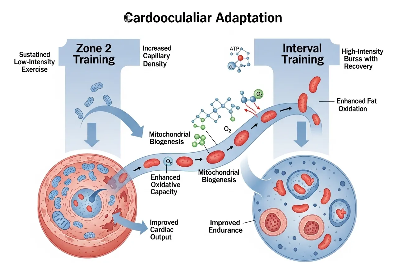 cardio adaptation science mitochondrial biogenesis VO2max variety
