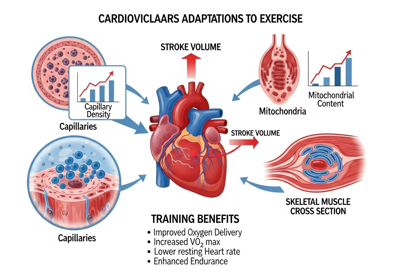 cardiovascular adaptations exercise diagram showing cardiac stroke volume left ventricle capillary density mitochondrial content improvements cross section muscle fibre