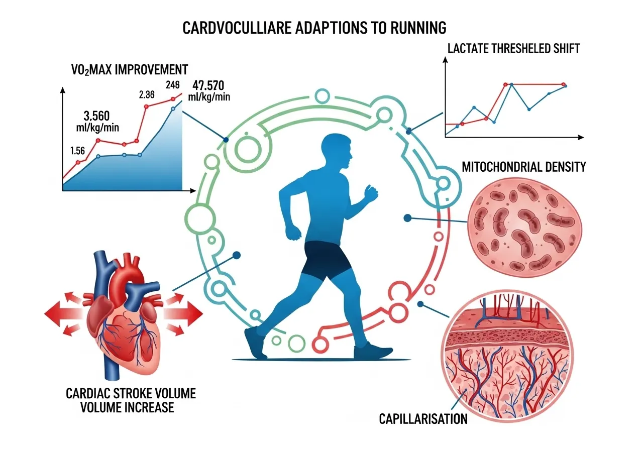 cardiovascular running adaptations diagram showing VO2max cardiac stroke volume lactate threshold mitochondrial density capillarisation improvements