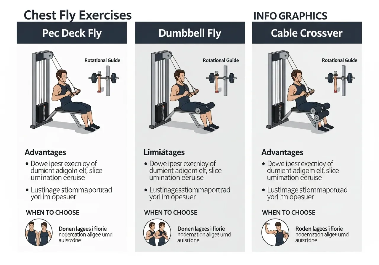 chest fly variation comparison table showing pec deck dumbbell fly cable crossover advantages limitations best programming use case