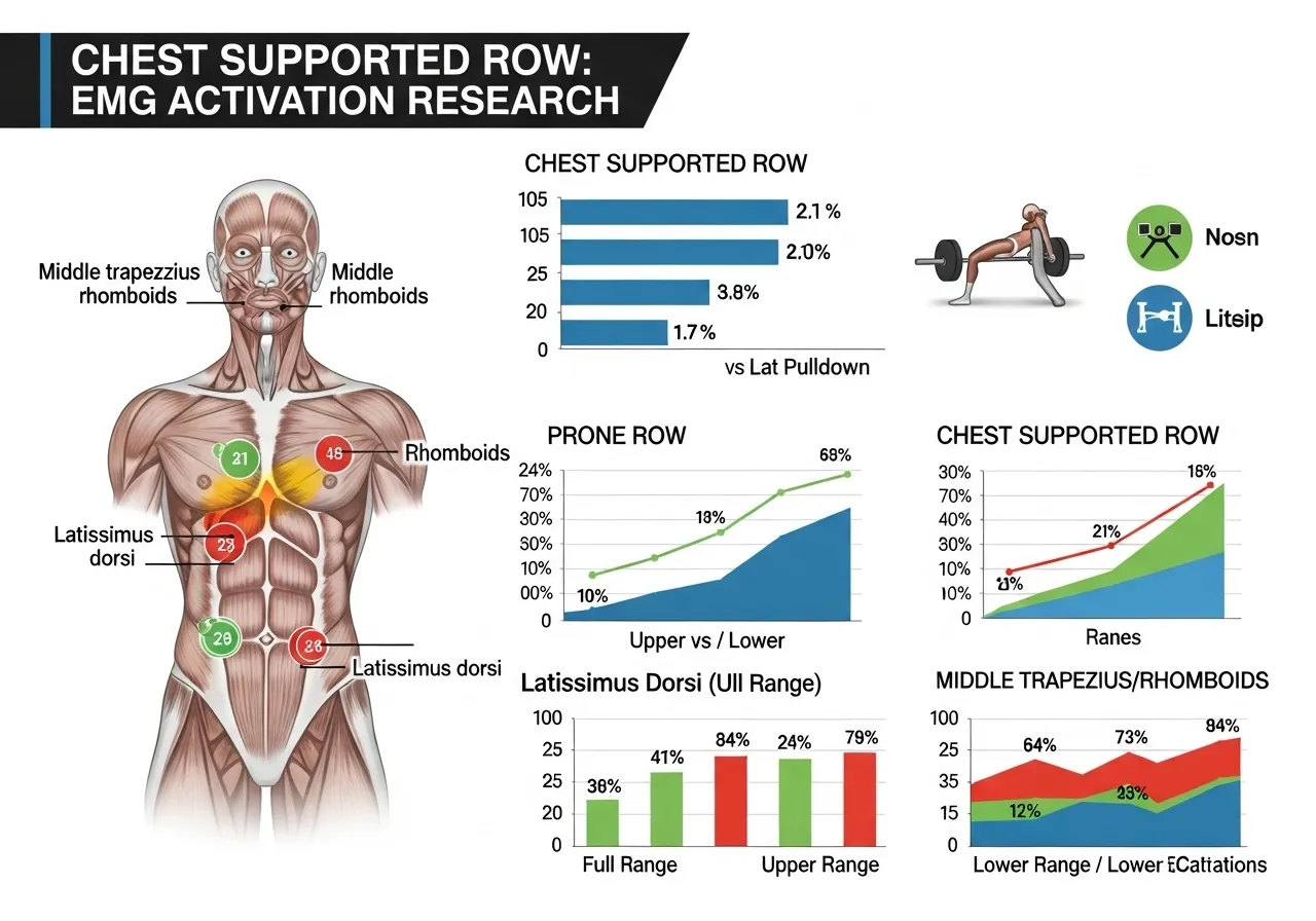 chest supported row EMG research middle trapezius rhomboid rowing activation seated row prone barbell range of motion