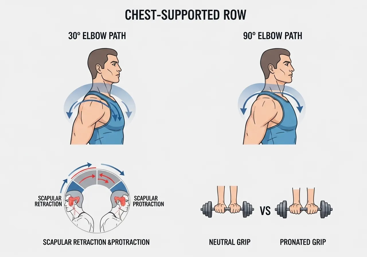 chest supported row technique elbow path 30-45 degrees scapular retraction protraction grip width neutral pronated