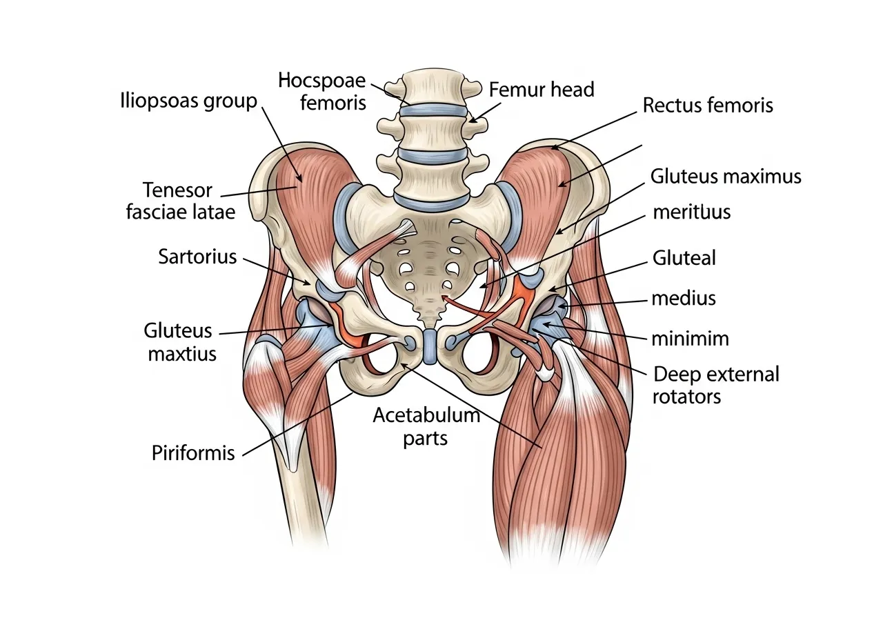 clean anatomical illustration of hip joint showing hip flexors, glutes, piriformis, and surrounding muscles, educational style, labeled diagram, white background