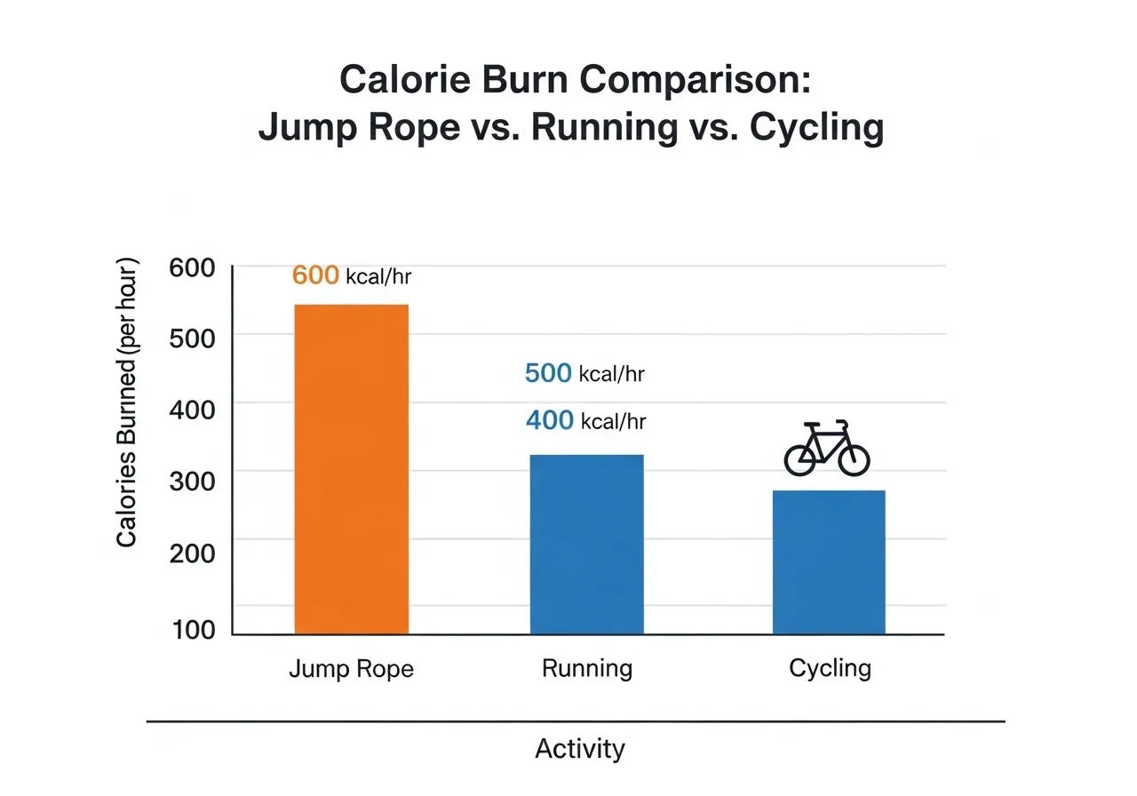 clean infographic comparing calorie burn rates of jump rope vs running vs cycling, bar chart style, fitness blue and orange color scheme, white background, professional design