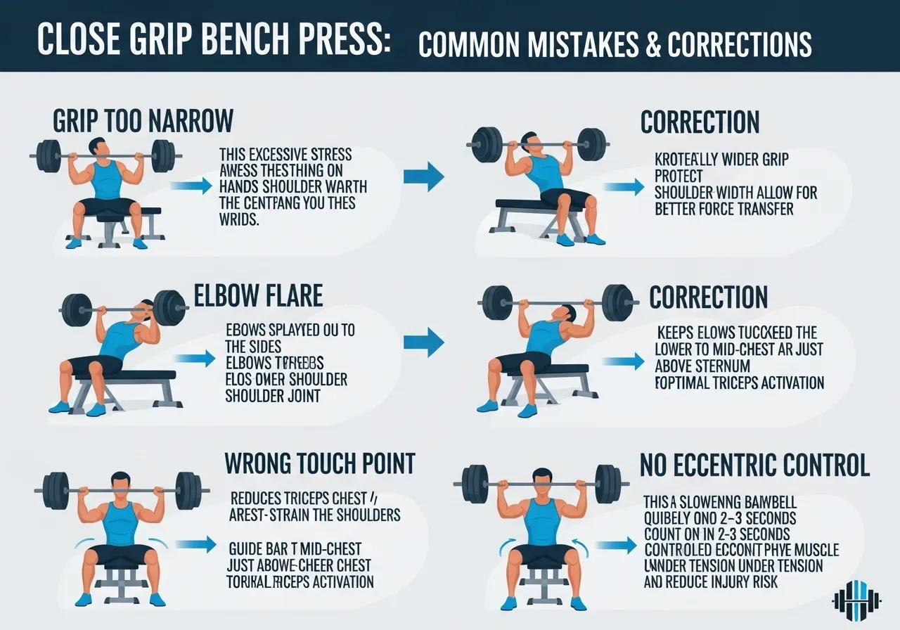 close grip bench press errors too narrow grip elbow flare wrong touch point no eccentric control corrections