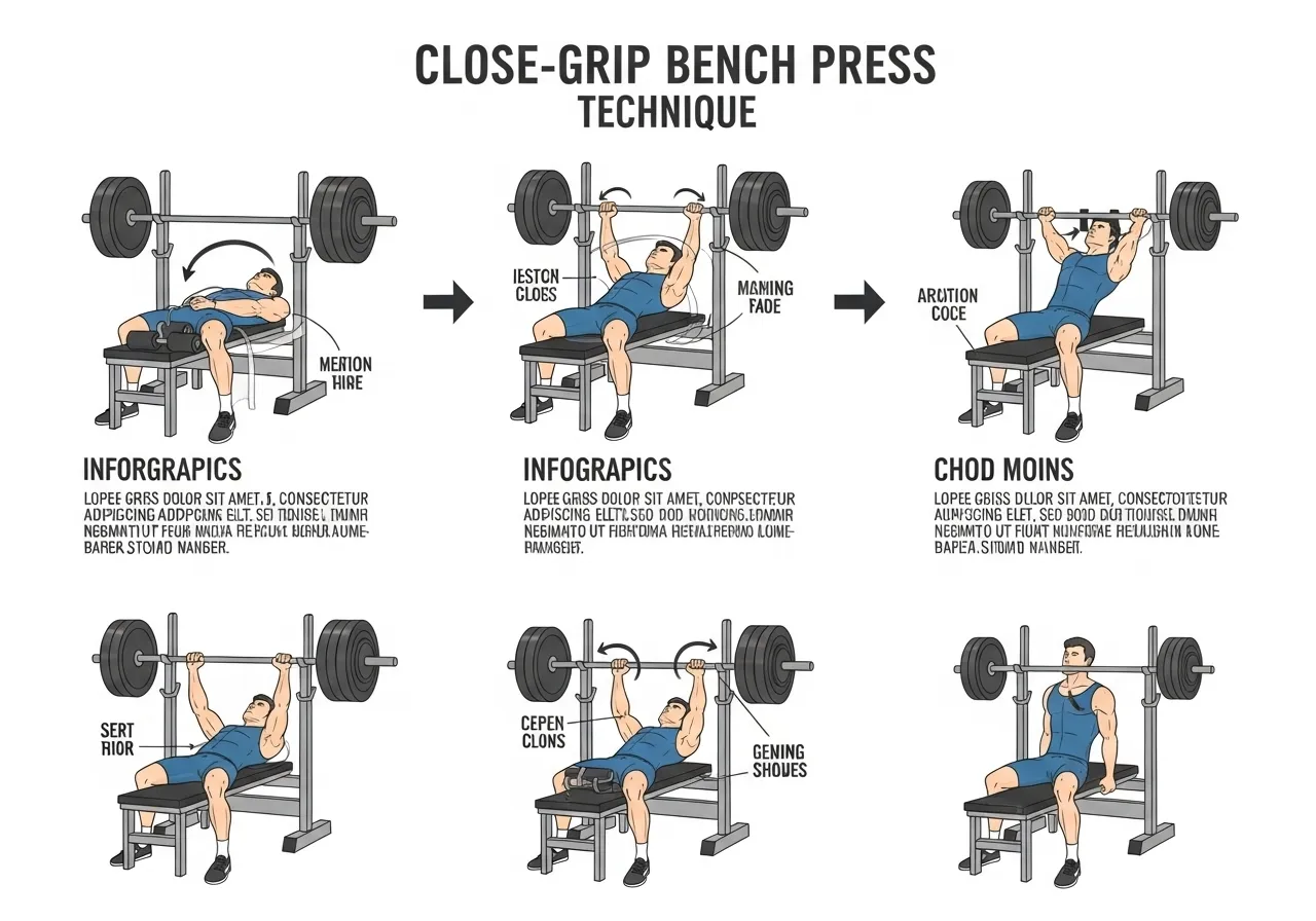close grip bench press technique setup grip width shoulder-width elbows tucked descent touch point wrist neutral