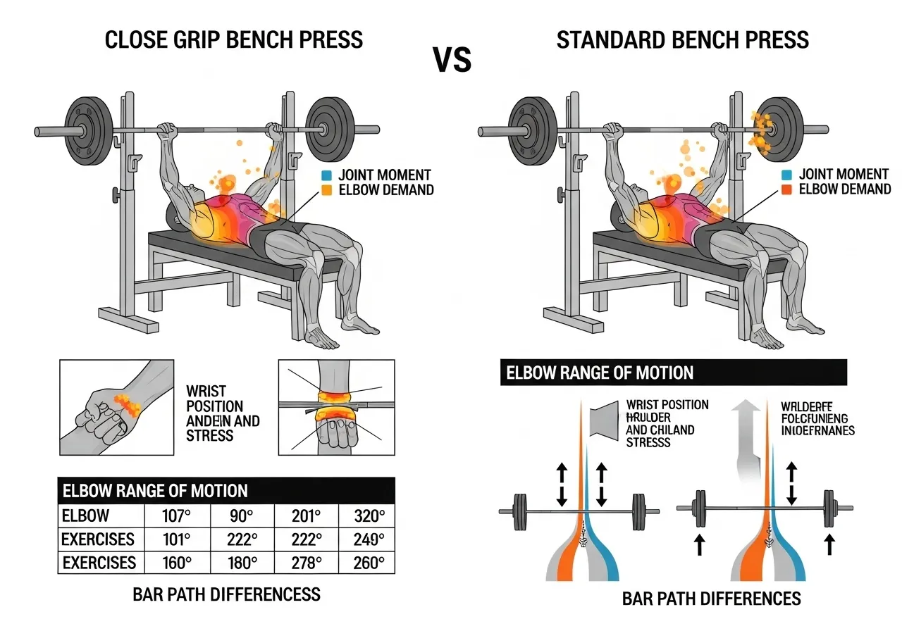 close grip vs standard bench press mechanics joint moment elbow range comparison table wrist bar path