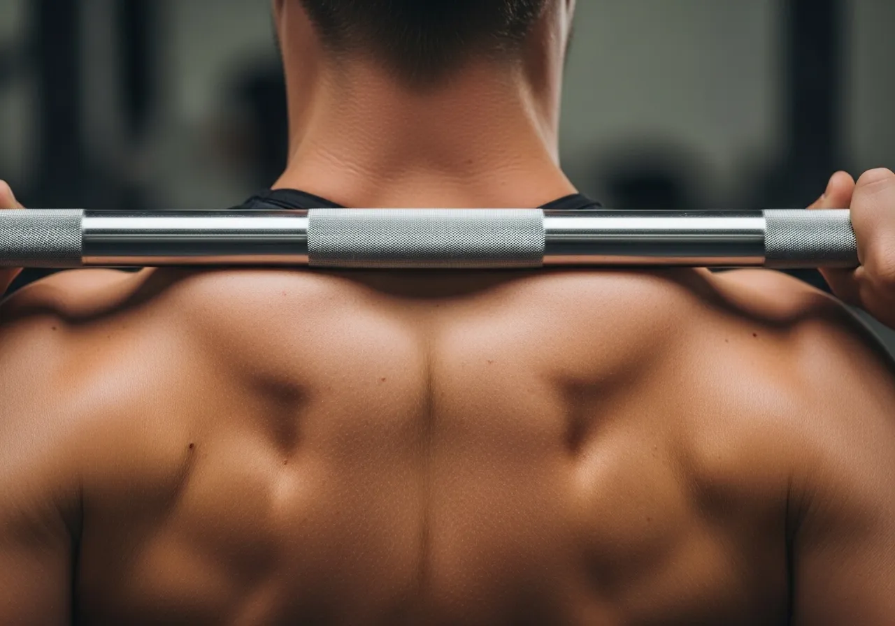 백 스쿼트 시 상부 승모근에 바벨을 올바르게 놓는 모습을 클로즈업하여 보여주는 사진입니다. 자연광을 이용하여 사실적으로 표현했습니다.