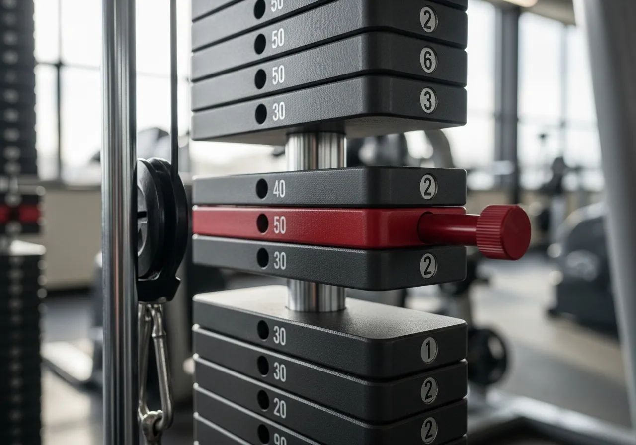 close-up of cable machine weight stack with pin adjustment, progressive loading concept, gym setting, clean composition natural lighting