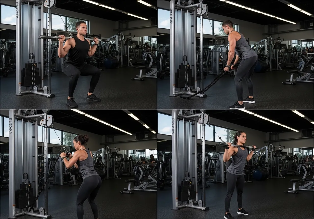 collage of four cable machine exercises shown in grid format - cable squat, cable pull-through, cable face pull, cable curl - instructional photography, gym setting