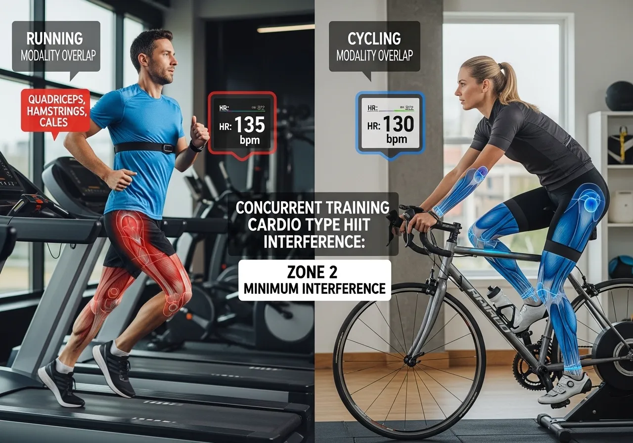 concurrent training cardio type HIIT interference cycling vs running modality overlap Zone 2 minimum interference