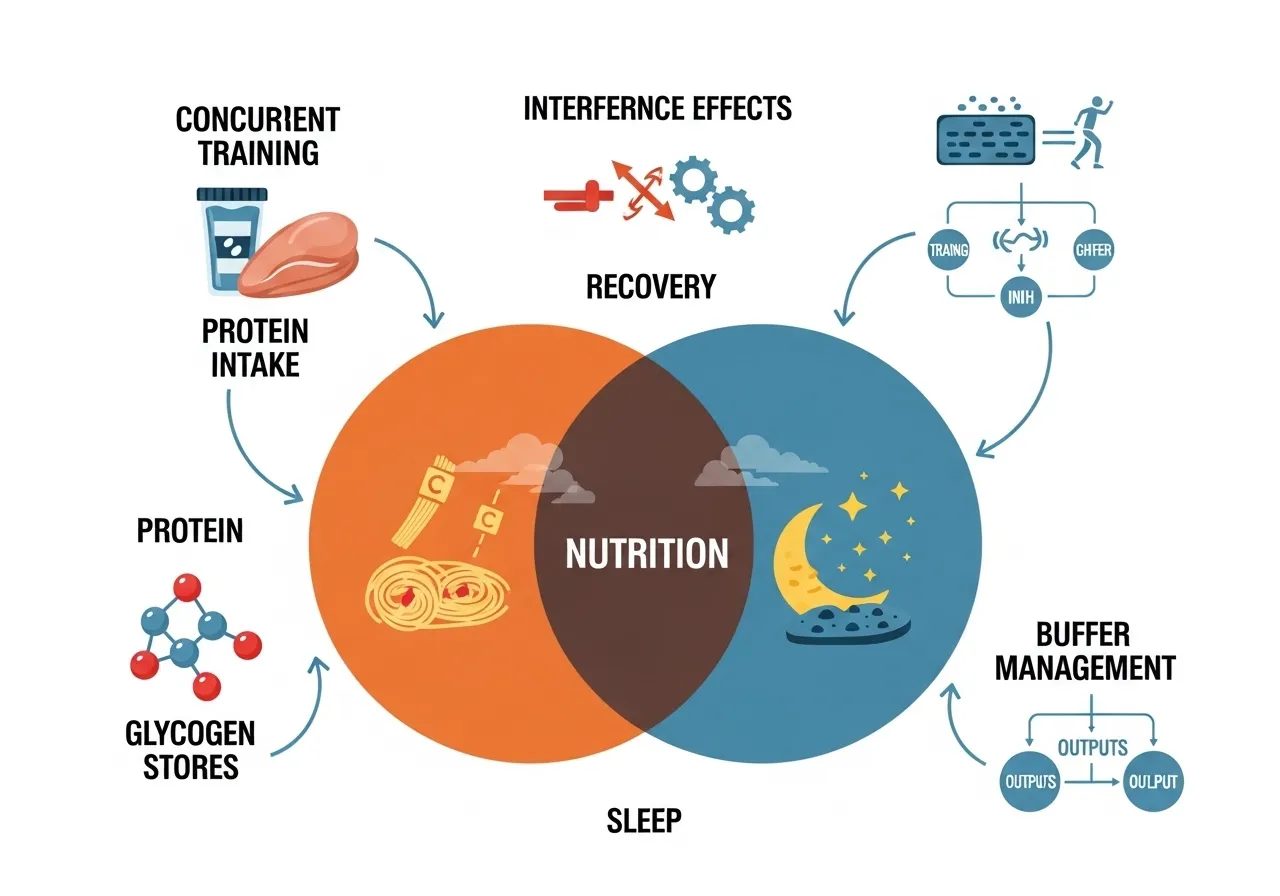 concurrent training nutrition protein glycogen sleep recovery interference buffer management