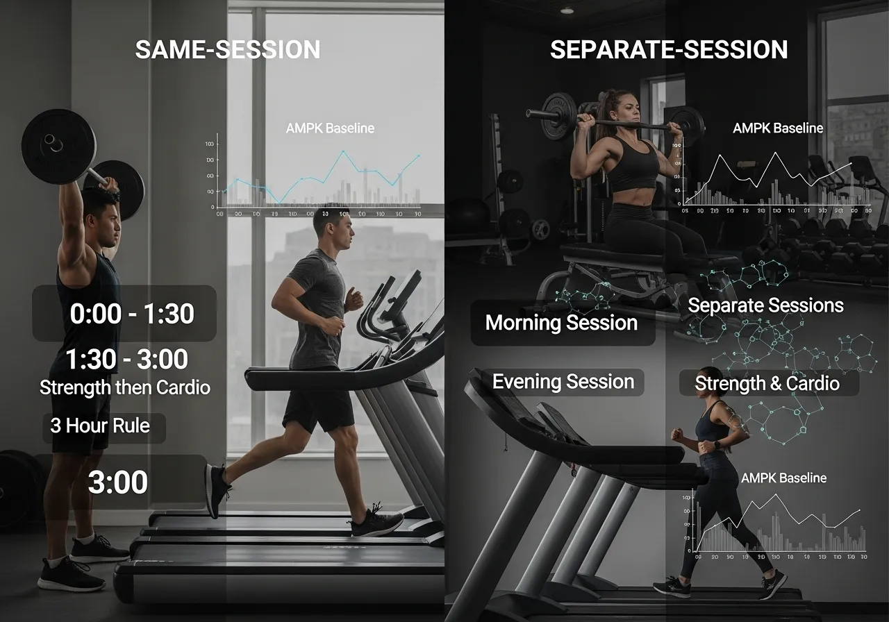 concurrent training order strength before cardio 3 hour rule AMPK baseline same-session vs separate-session