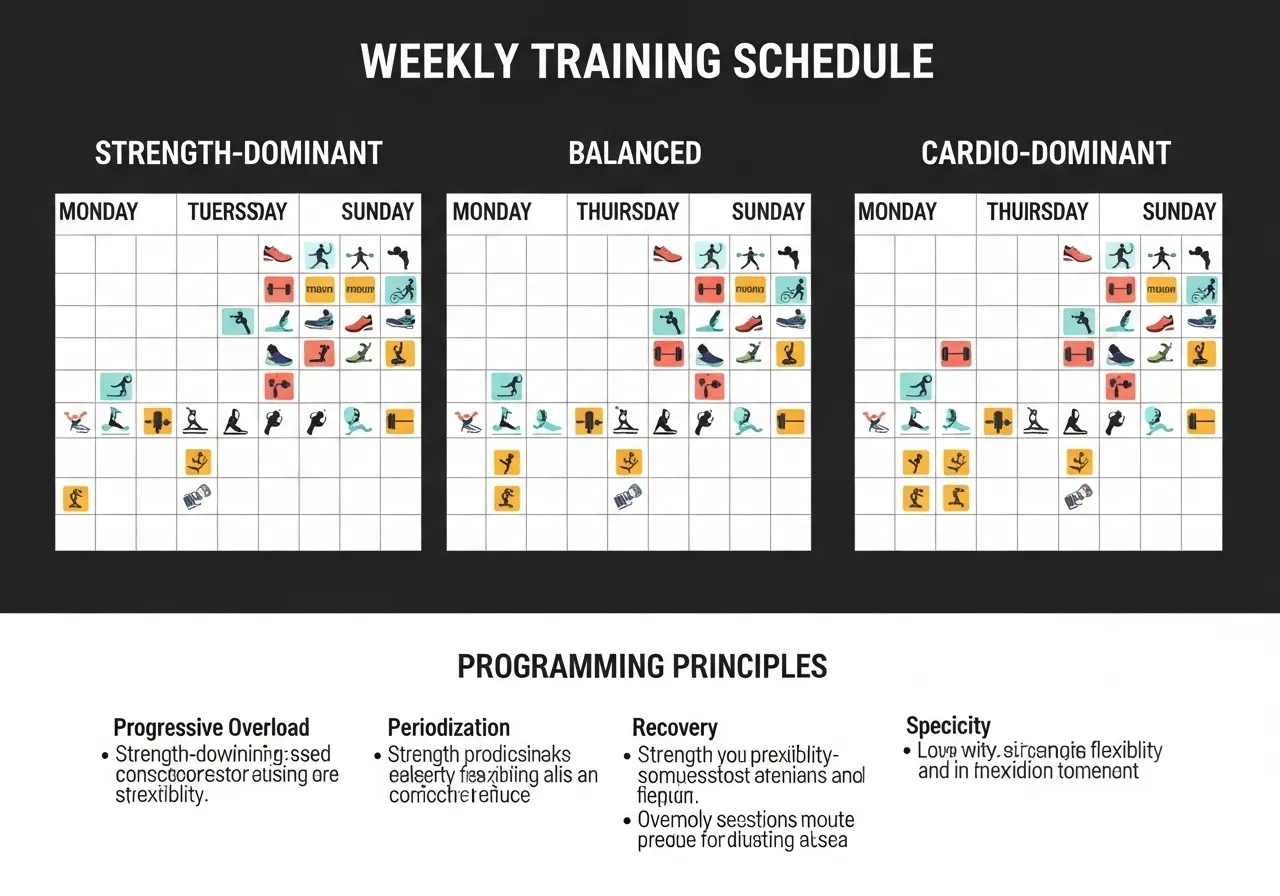 concurrent training weekly frameworks three structures strength-dominant balanced cardio-dominant programming principles