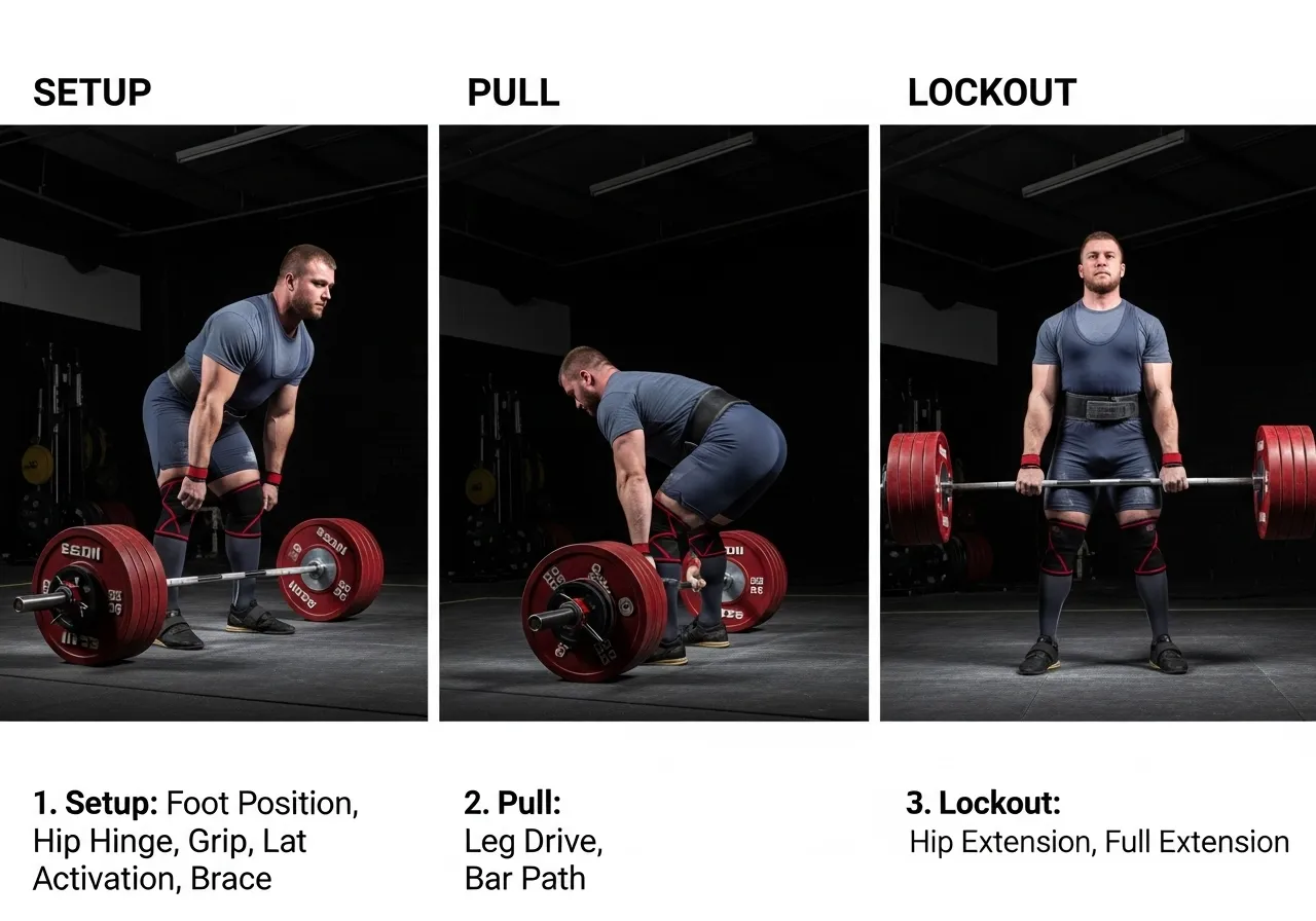 conventional deadlift setup foot position bar over midfoot lat activation Valsalva lockout