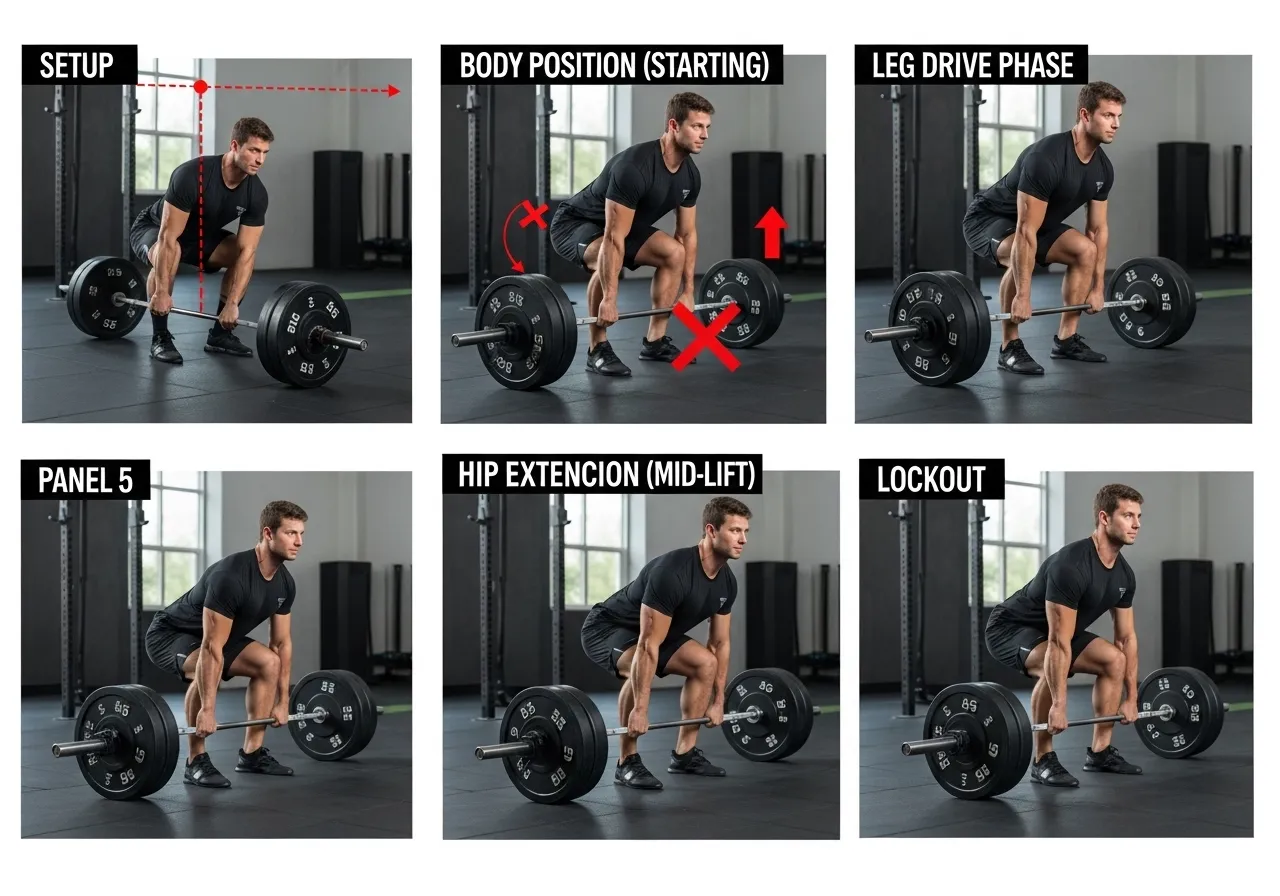 conventional deadlift technique setup pull phases lockout common errors table