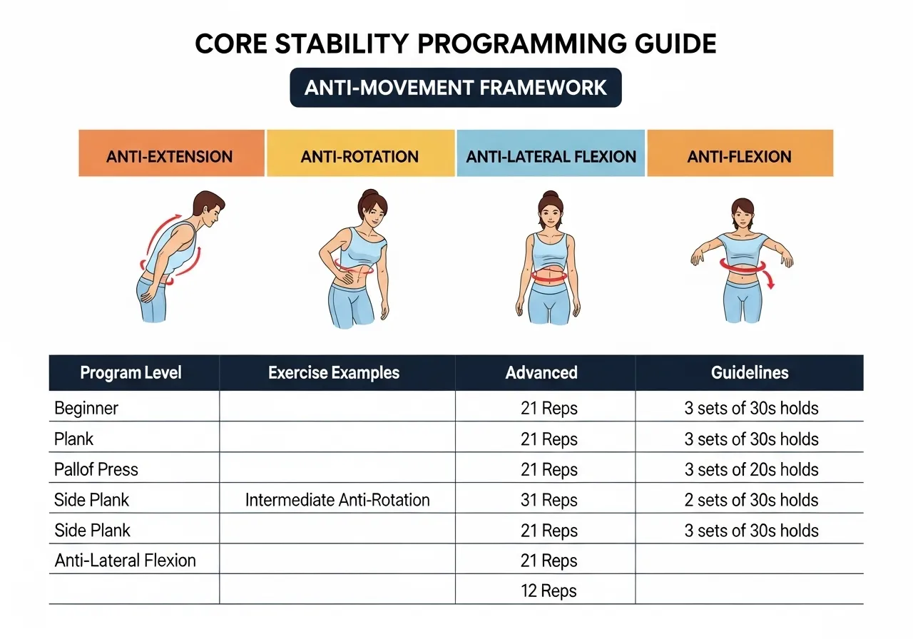 core stability programming beginner intermediate advanced anti-movement framework table