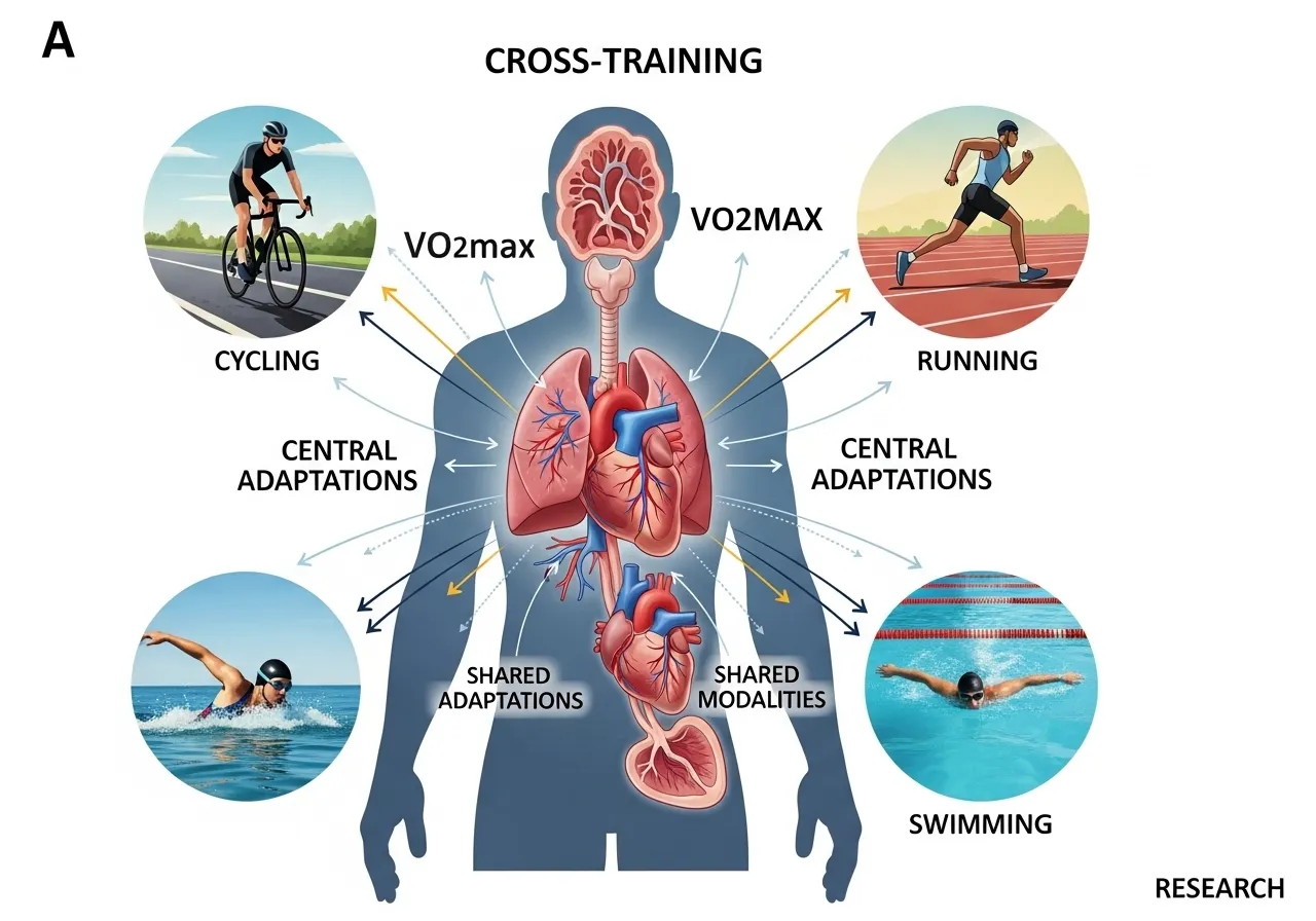 cross-training cardiovascular transfer VO2max cycling running swimming research central adaptations shared modalities