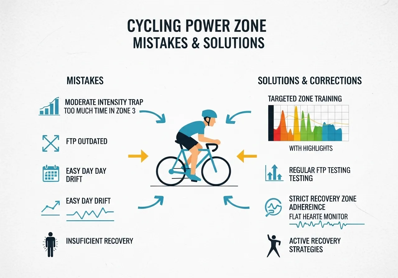 cycling power zone training mistakes guide showing moderate intensity trap no FTP retest drifting zones insufficient recovery corrections