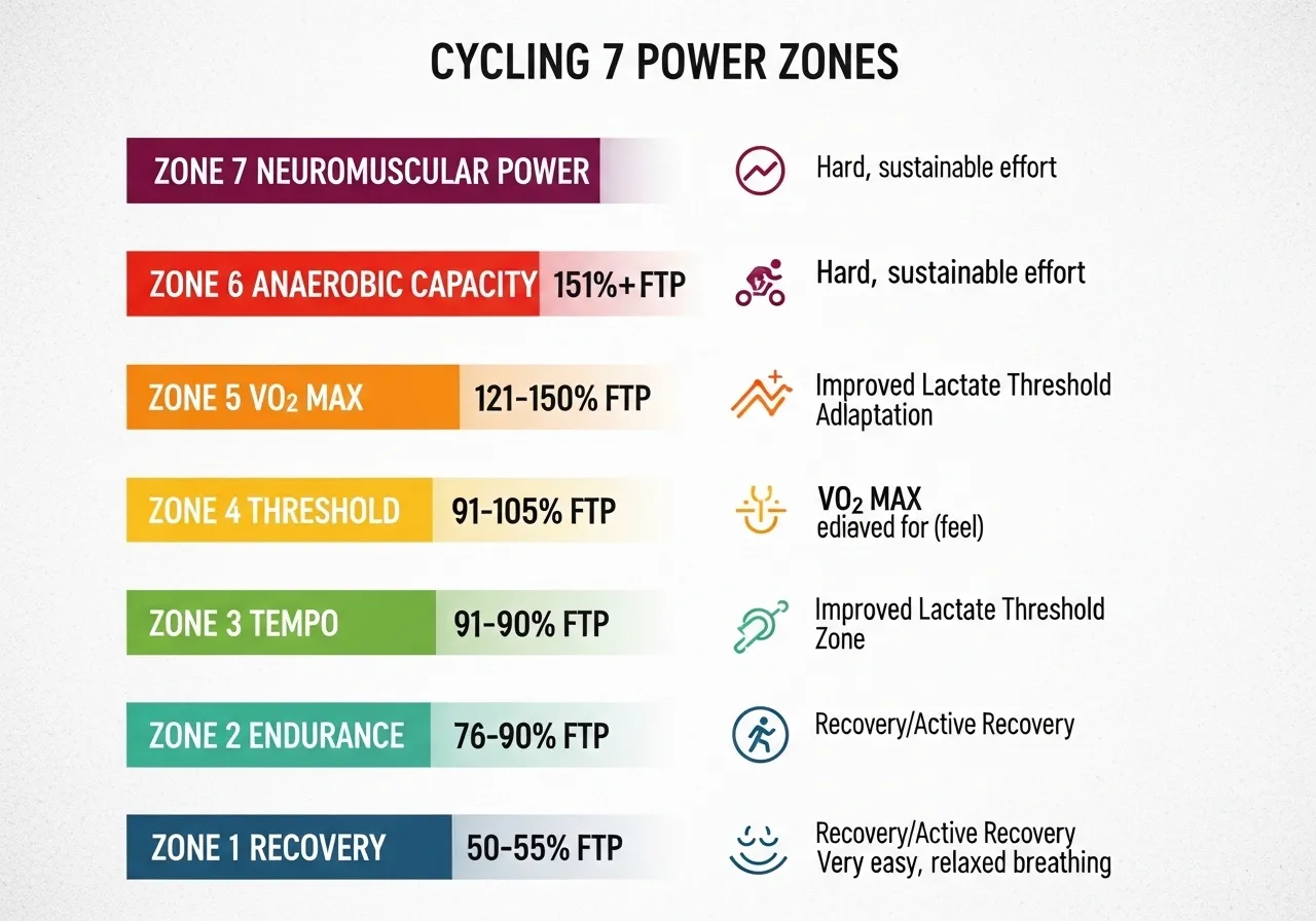 cycling power zones table infographic showing 7 zones FTP percentage name adaptation feel Zone 1-7 complete guide